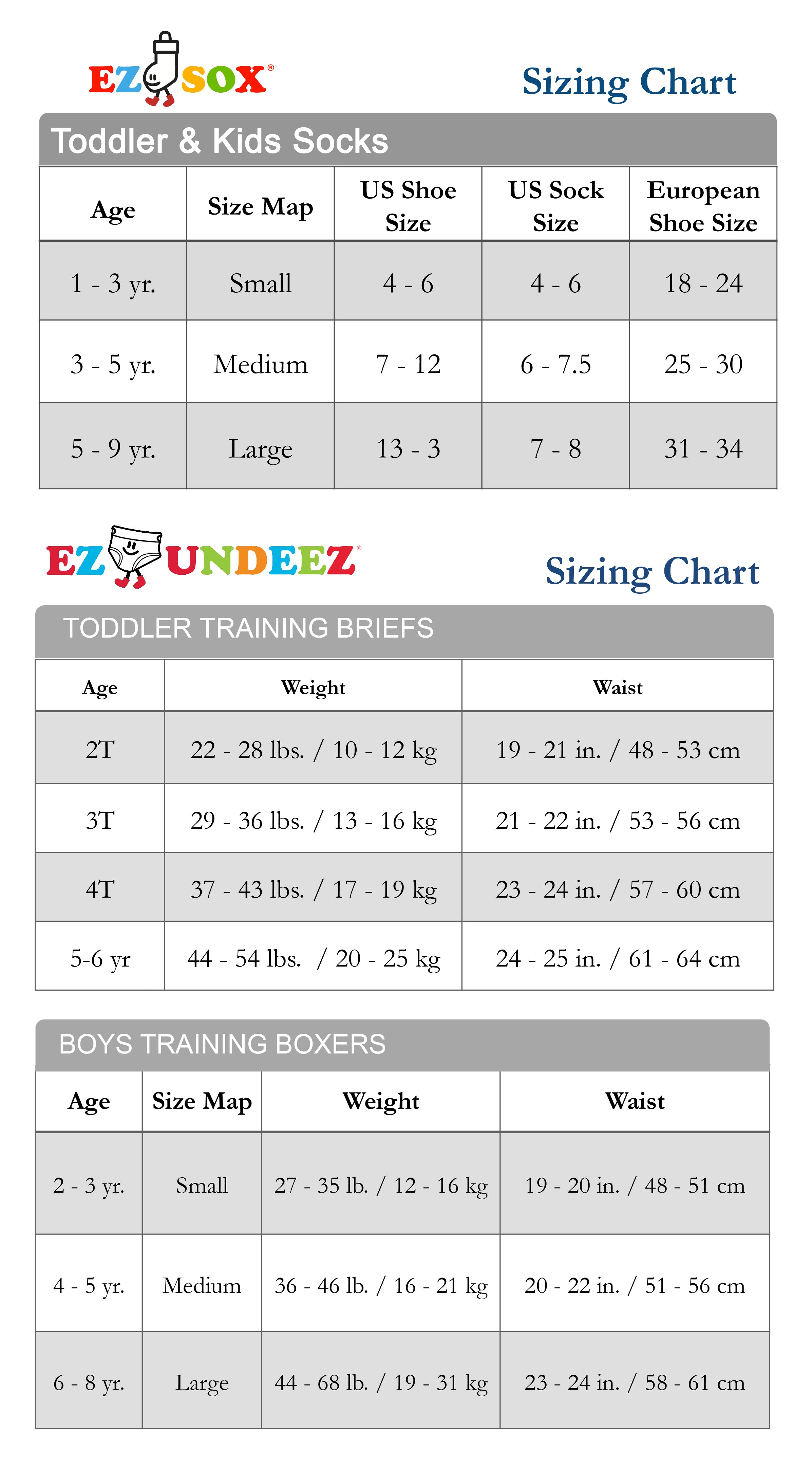 Sizing chart for kids