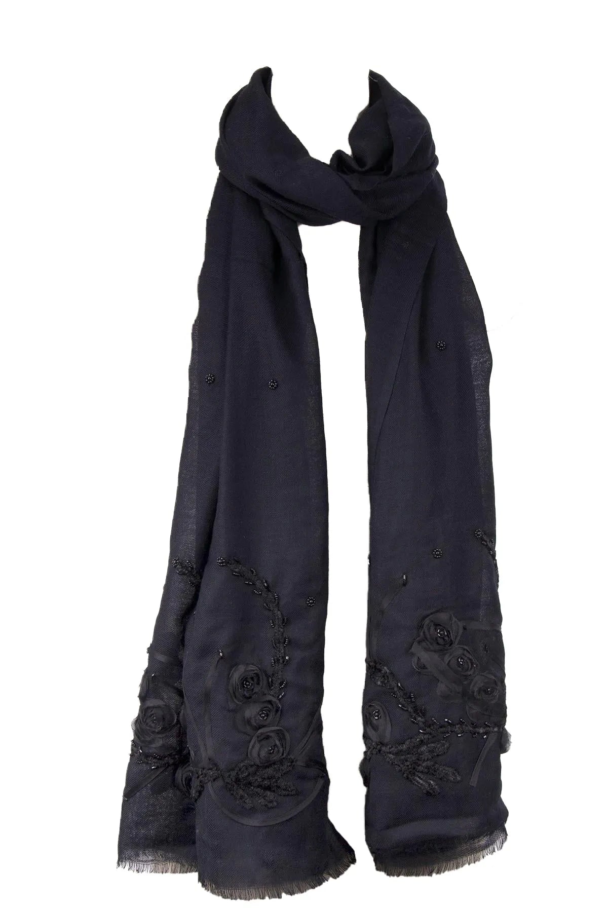 Cary Floral Embroidered Black Scarf