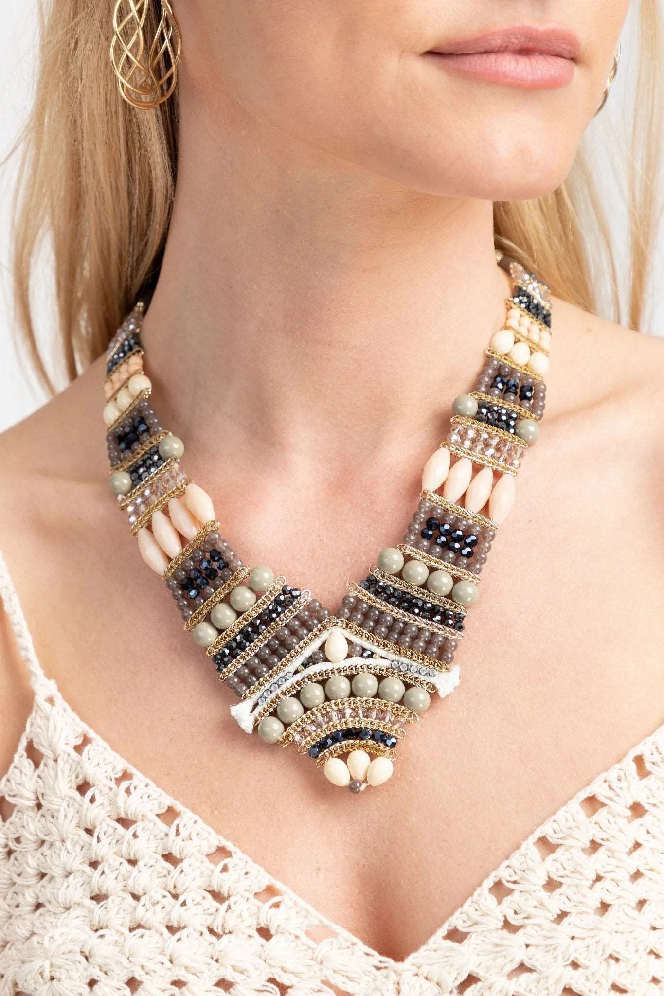 Multi Beaded Cluster Statement Necklace