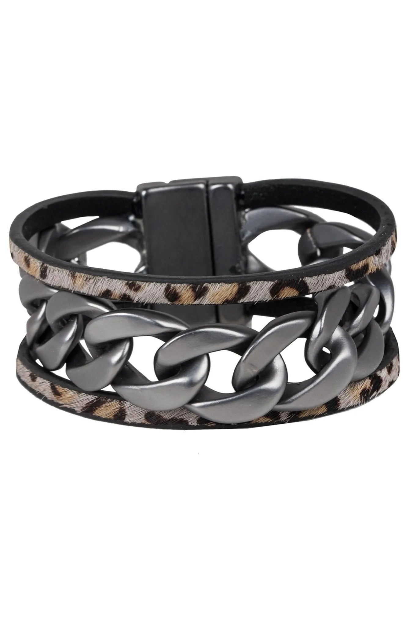 Metal Chain Link Leather Bracelet