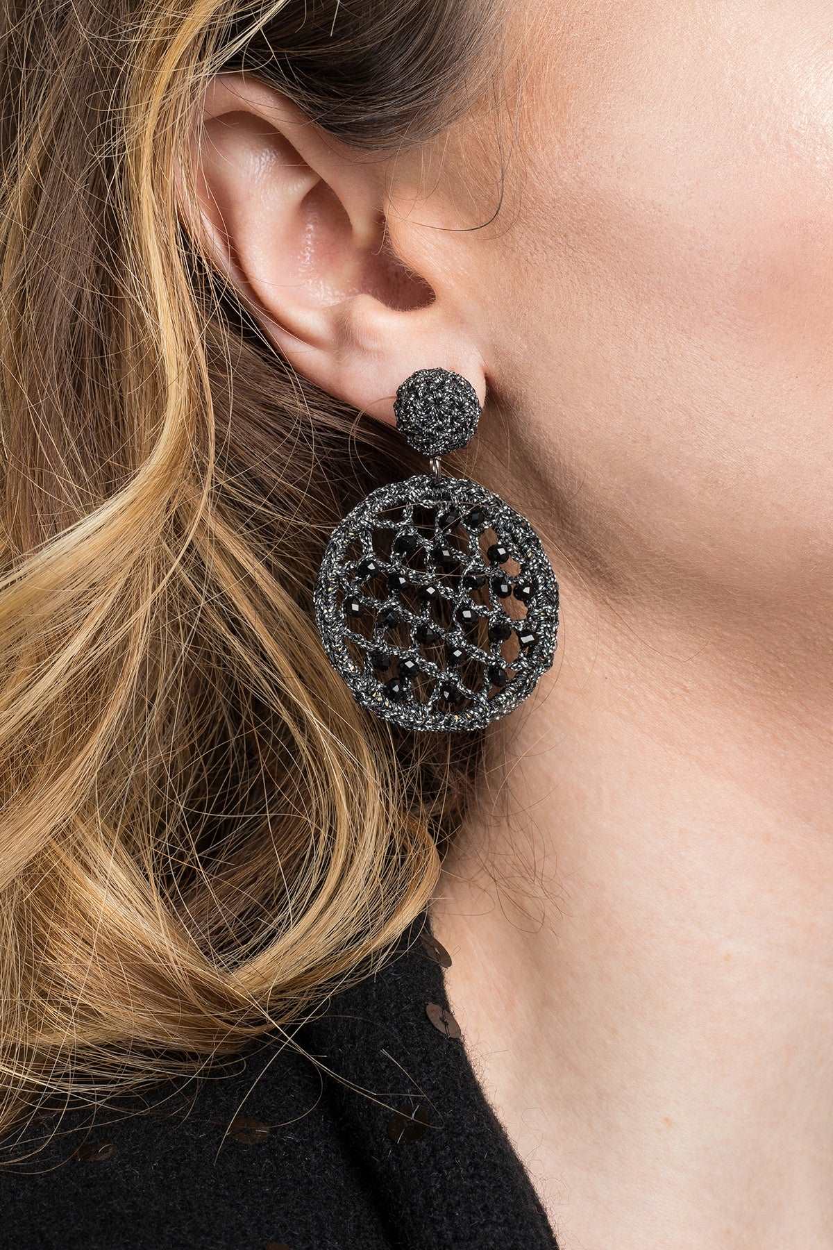 Black Sparkly Crystal Crochet Earrings