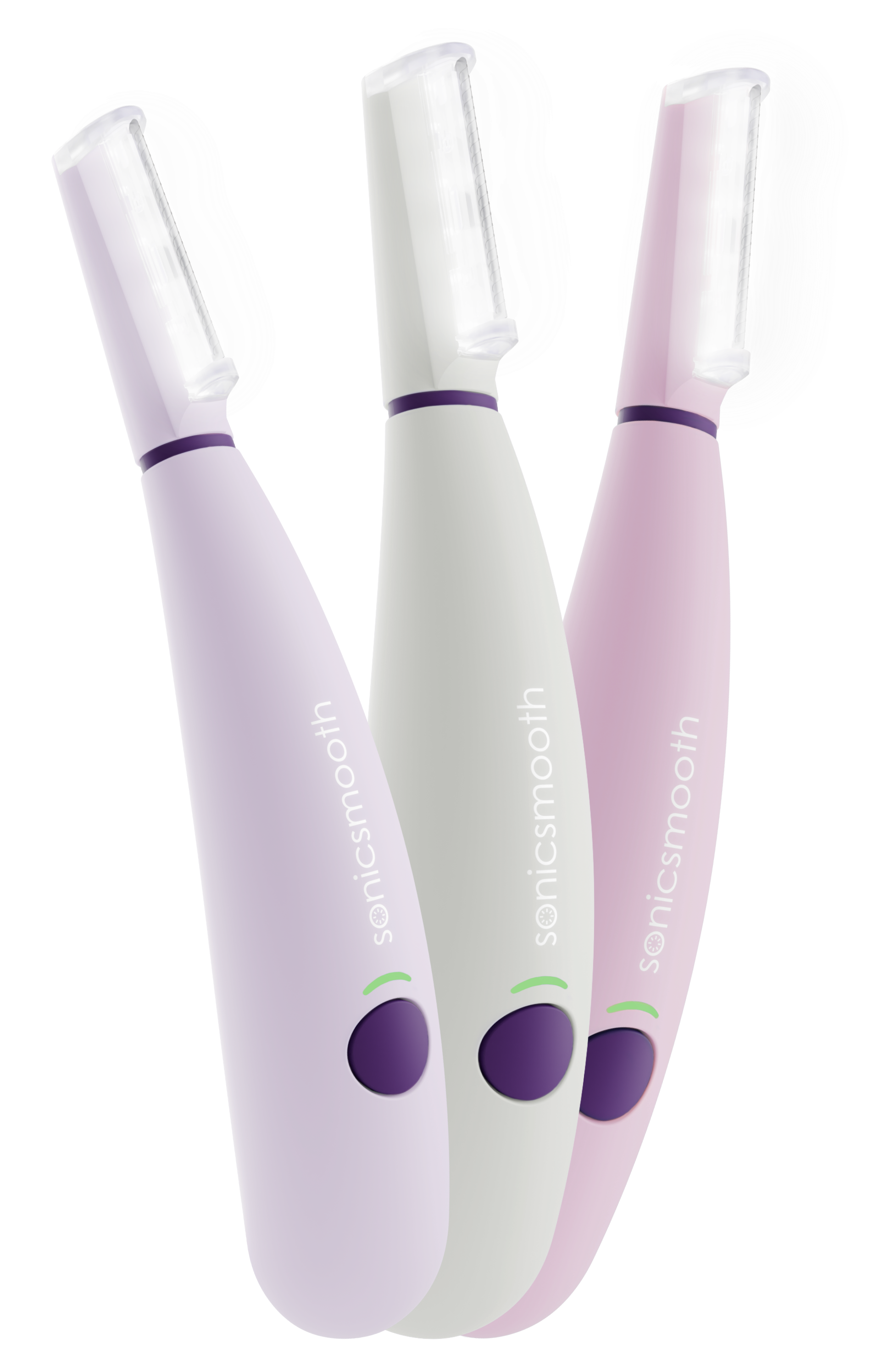 Three sonic facial cleansers in purple, gray, and pink colors.