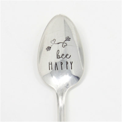 Vintage spoon hand stamped with words bee happy