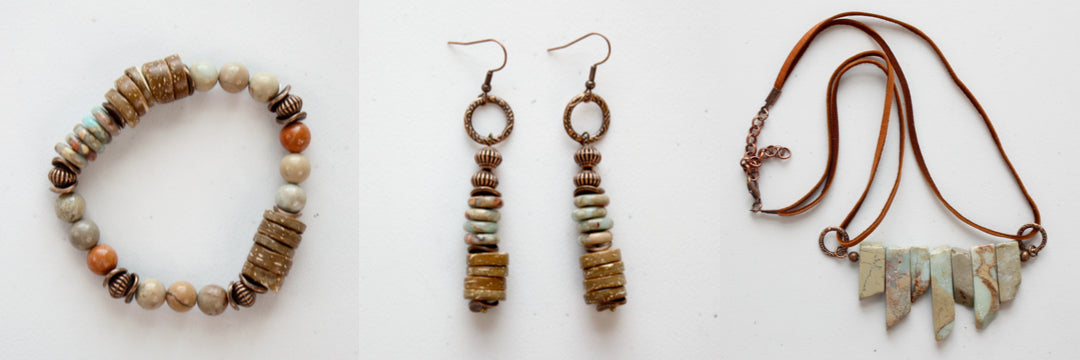 Natural artisan handmade boho style bracelet, earrings and necklace