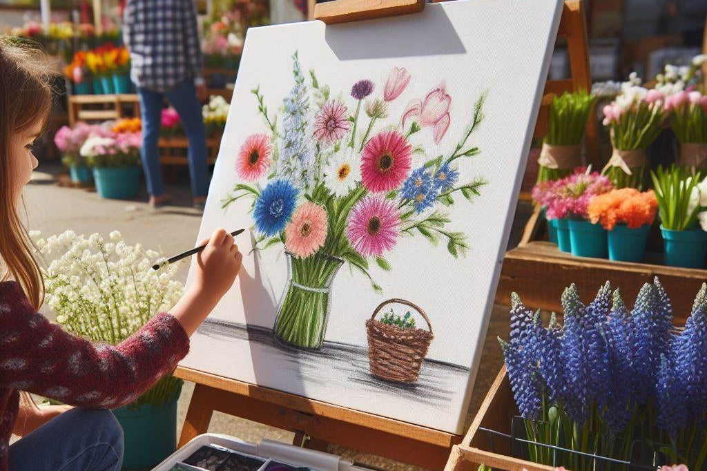 A little girl painting beautiful spring flowers at a farm market in the USA.
