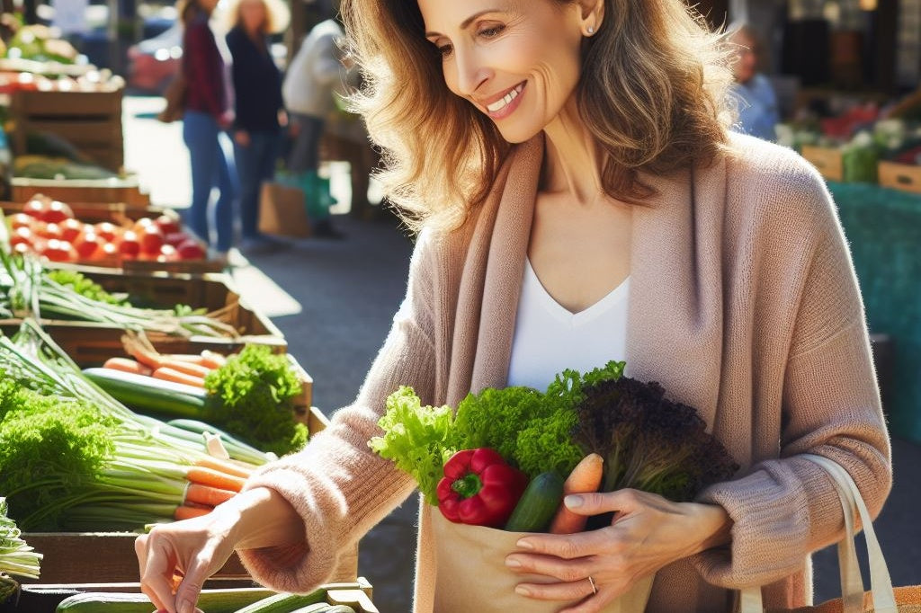 A happy woman shopping for vegetables at a local spring farm market in the USA.