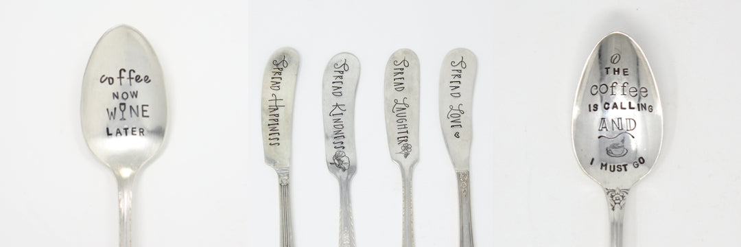 A set of hand stamped spoons and knives handcrafted by artisans in the USA