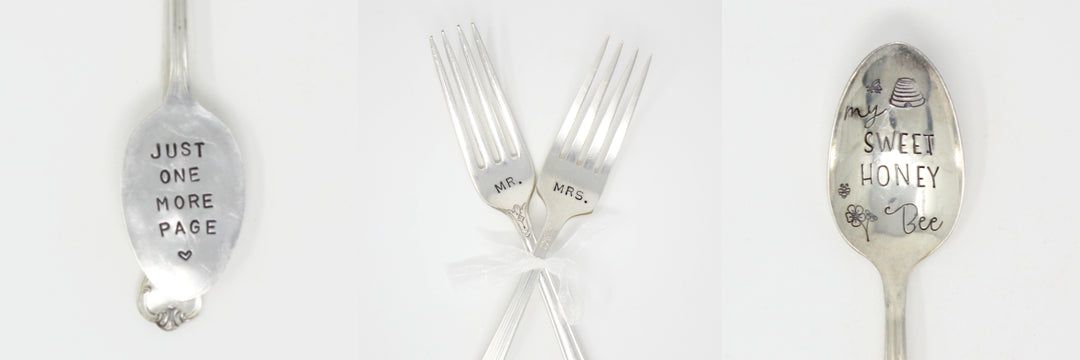 A hand stamped book mark, set of forks and spoon made by artisan craftsmen in the USA