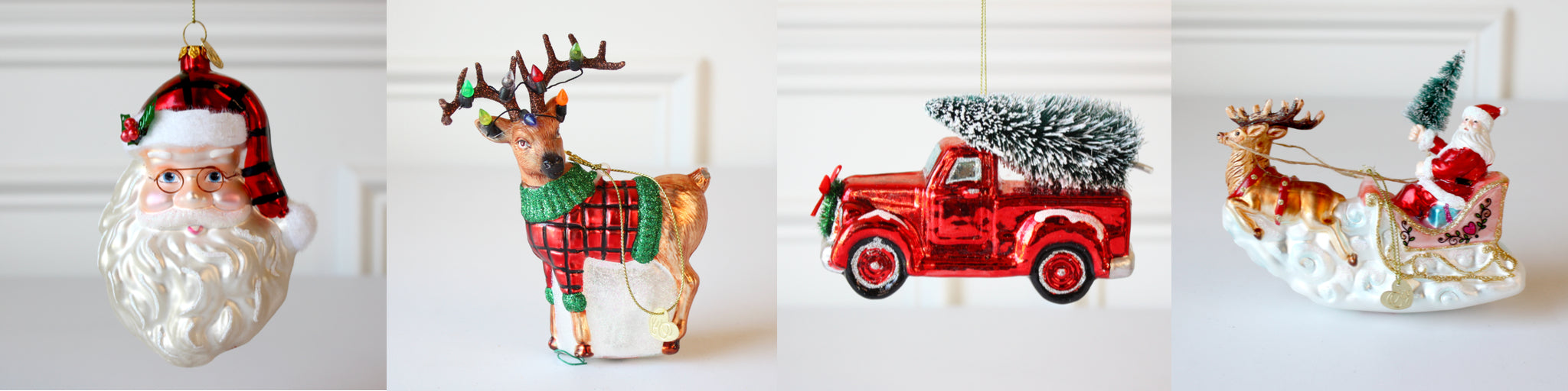 Vintage style hand blown glass Christmas ornaments, Santa, Rudolph, Red Truck and Santa's Sleigh.