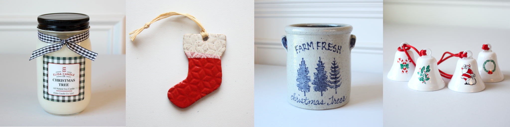 Christmas home decor, soy candle, stocking ornament, Christmas tree farm crock and holiday bells.