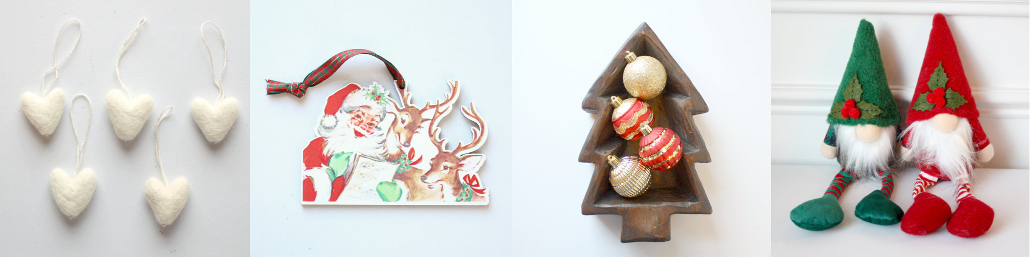 Christmas decor, felted heart ornaments, Santa and reindeer, Christmas gnomes.