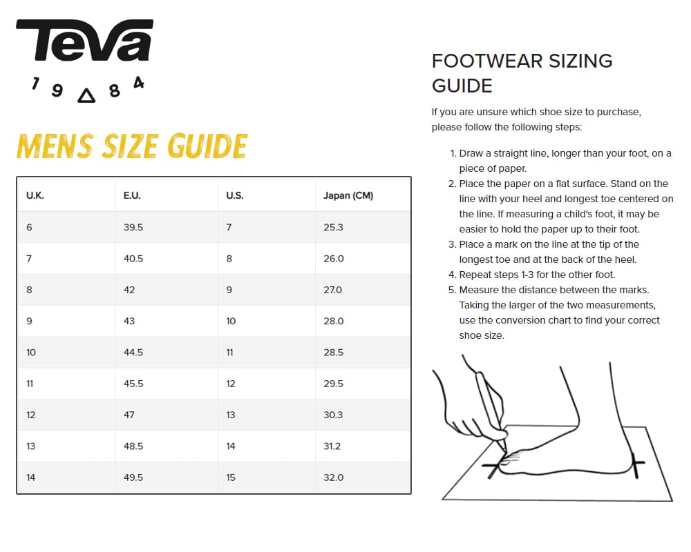 Teva Sandals Size Guide Chart Mens
