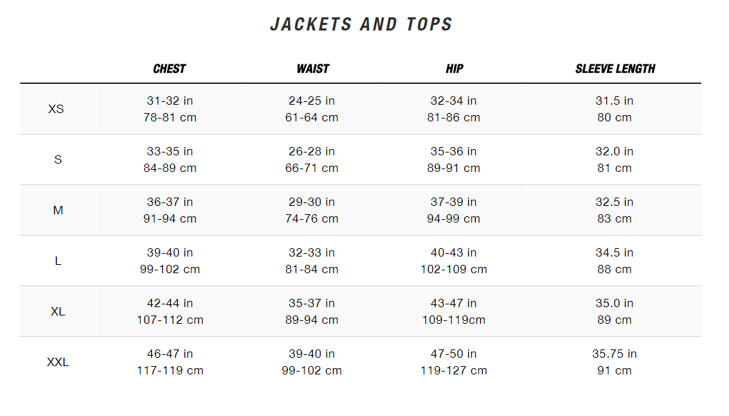 North Face Clothing Size Chart
