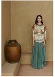 Teal Marrakech print beaded belted cape & pant set