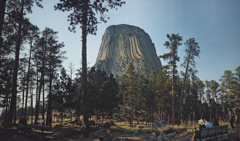 Devils Tower with a blue sky and tall trees
