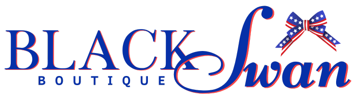 Black Swan Boutique's Memorial Day logo with an American flag bow in red, white, and blue colors