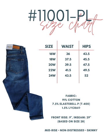 Mid-Rise Non-Distressed Dark wash Skinny Jeans Size Chart for #11001D-PL