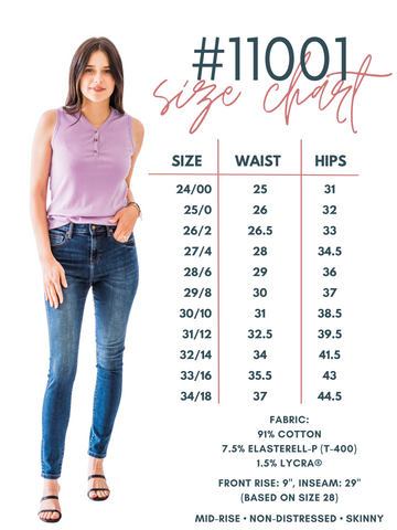 Mid-Rise Non-Distressed Dark wash Skinny Jeans Size Chart for #11001D