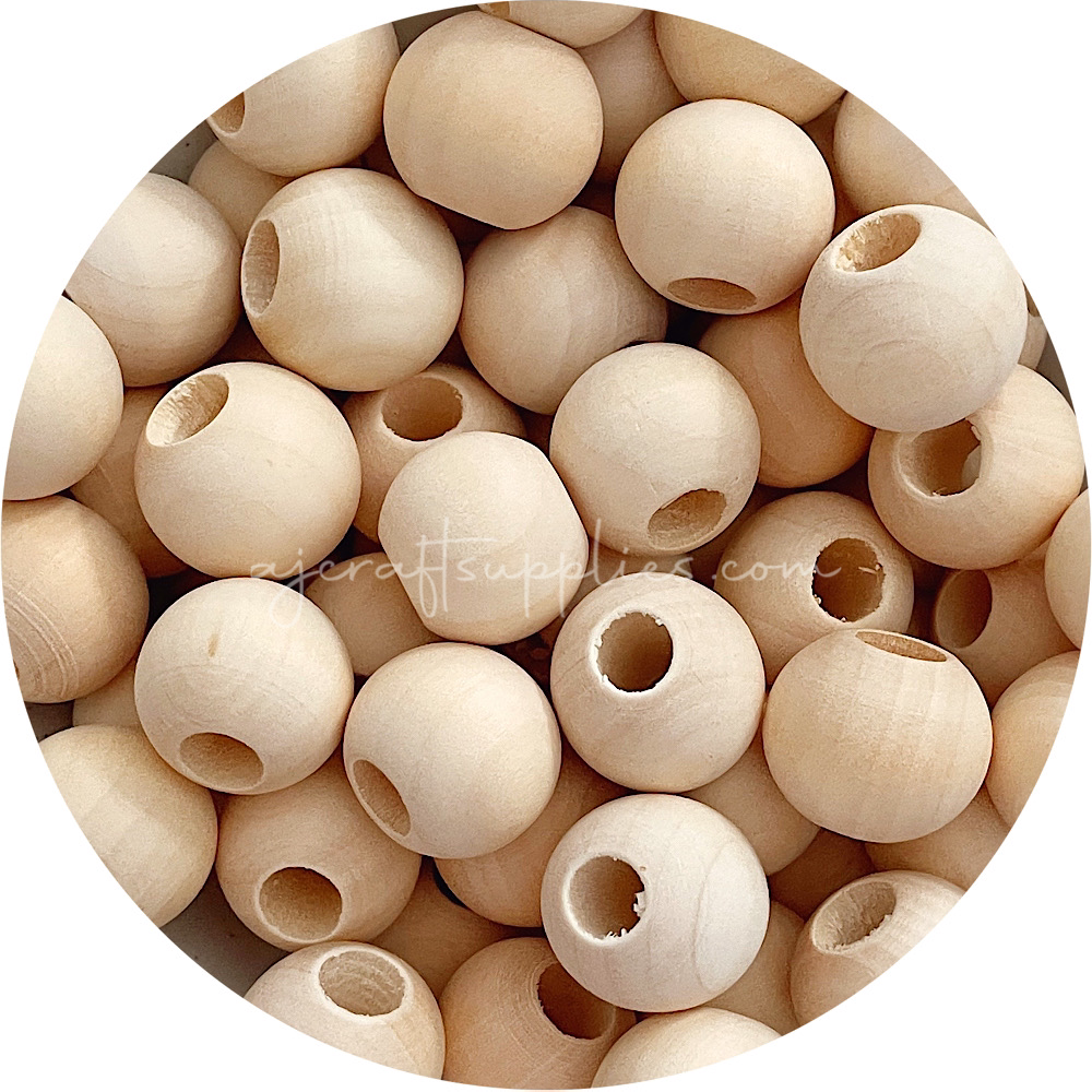 Large Hole Natural Wood Beads - 20mm Round - 5 Beads - AJ Craft Supplies