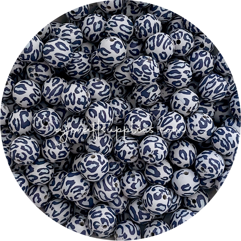 Blue Grey Leopard - 15mm round - 10 Beads