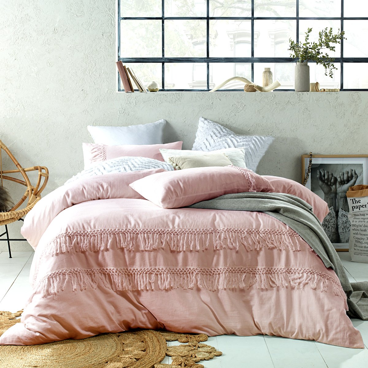 Vintage Wash Tassels Cotton Linen Blush Pink Quilt Duvet Cover