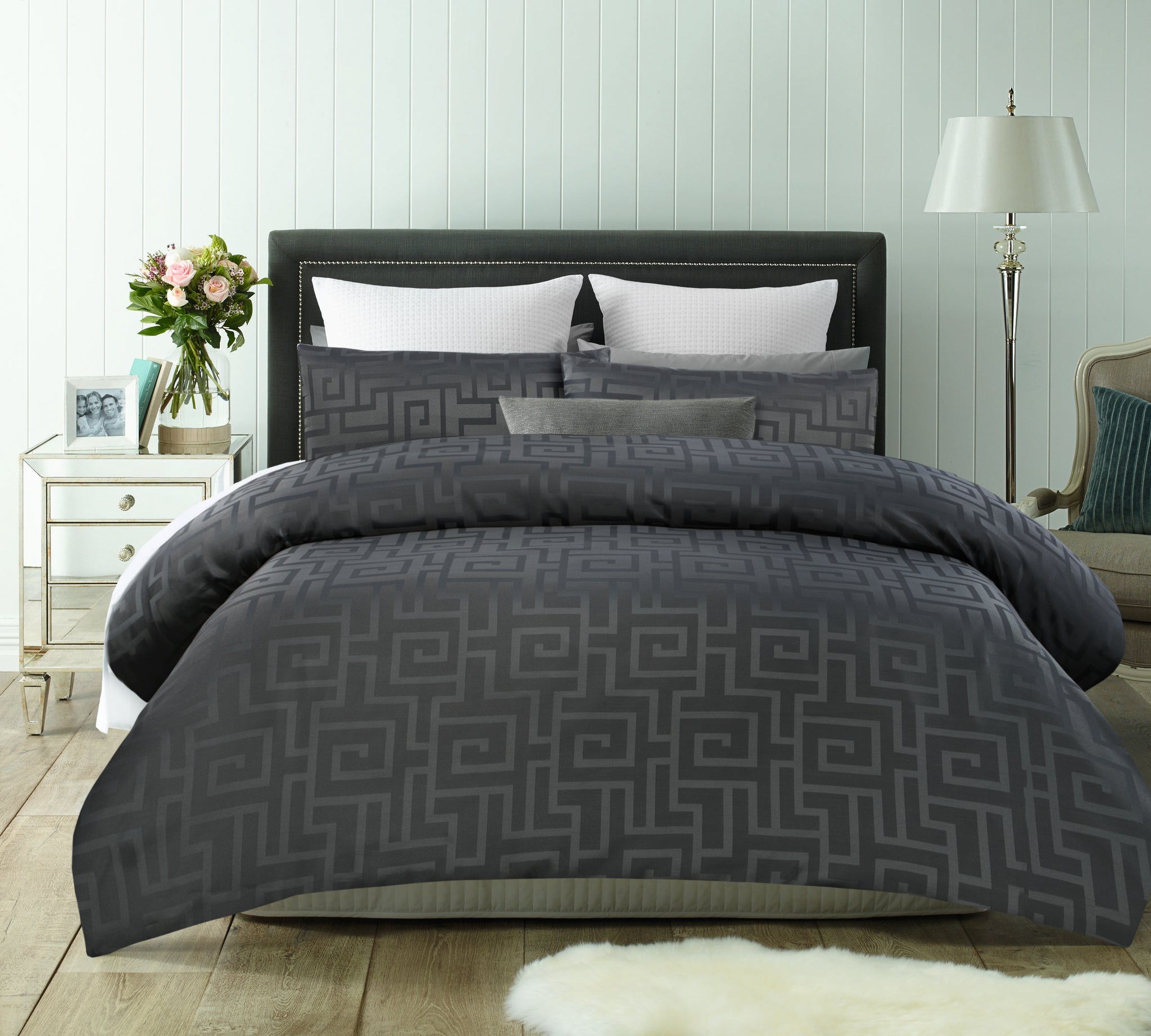 Greek Key Charcoal Grey Quilt Cover Set My Linen Corner