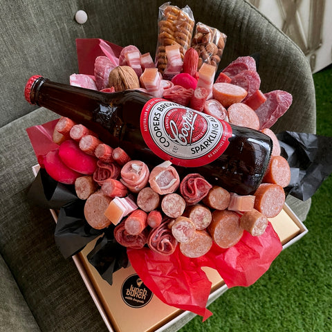 Beer, Cold Meat and Cheese Bouquet, cheese hamper, savoury hamper, charcuterie board adelaide