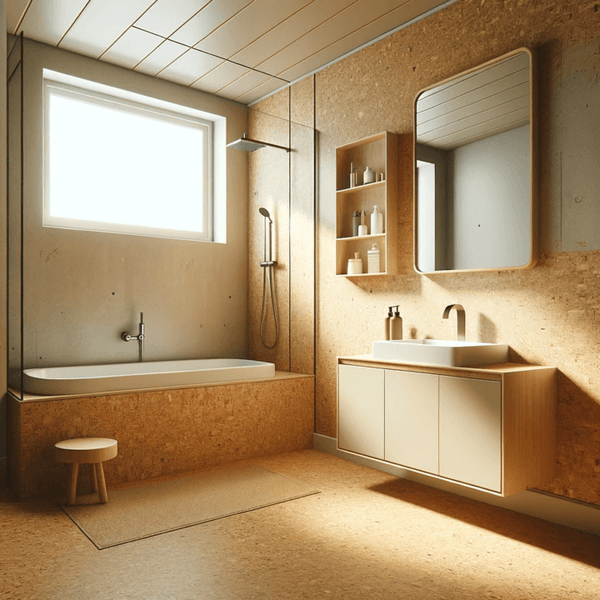 cork flooring and wall tiles in a modern bathroom