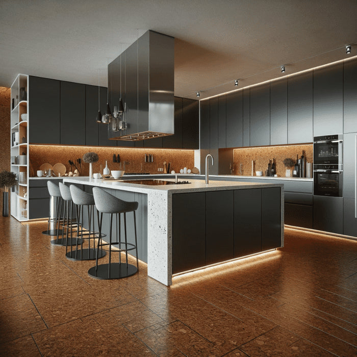 cork flooring for modern kitchen with black furniture