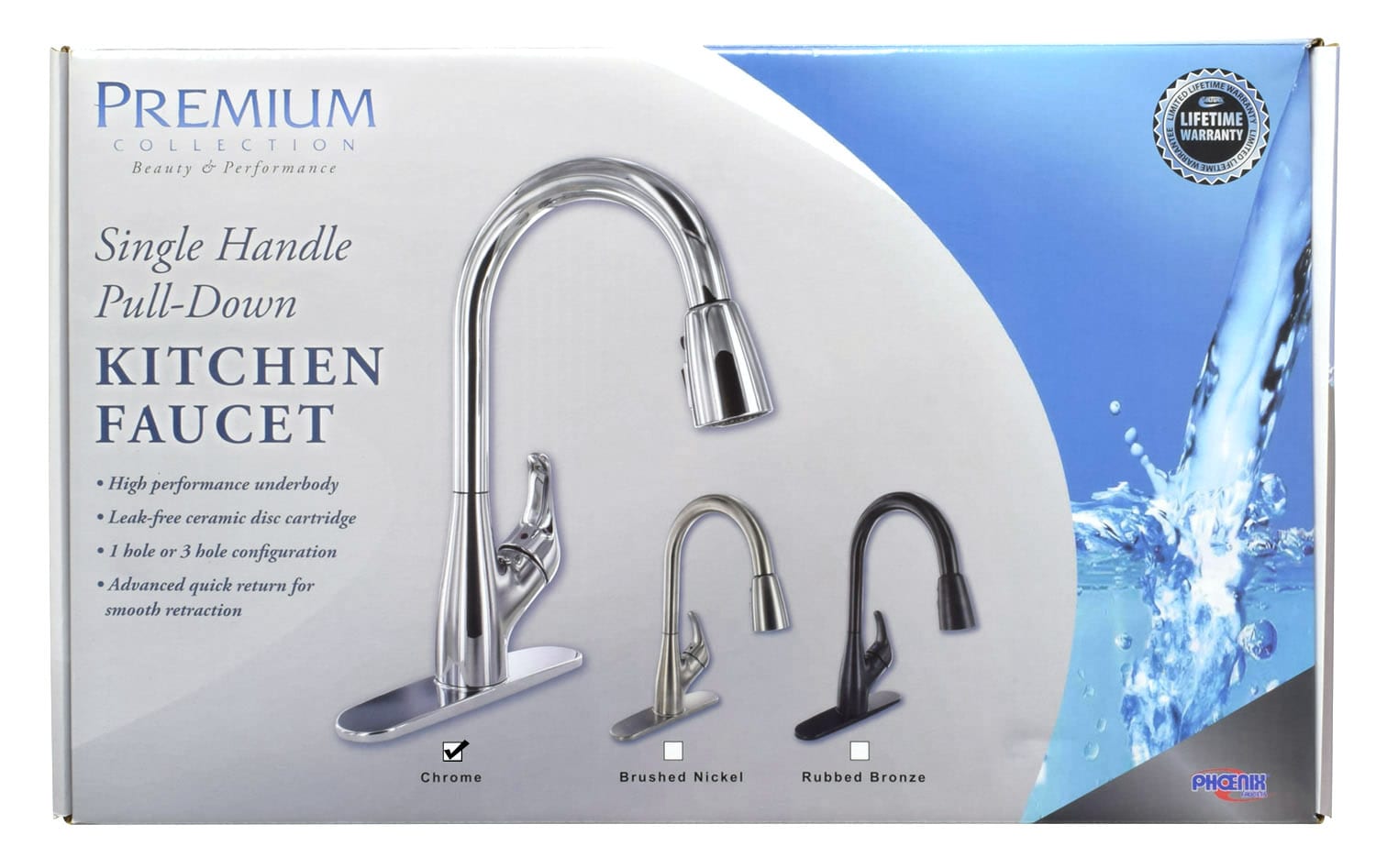 Phoenix PF231361 Single Handle Hybrid Kitchen Faucet (with Pull Down  Sprayer, Universal One or Three Hole Mount, Ceramic Disc, Chrome) 