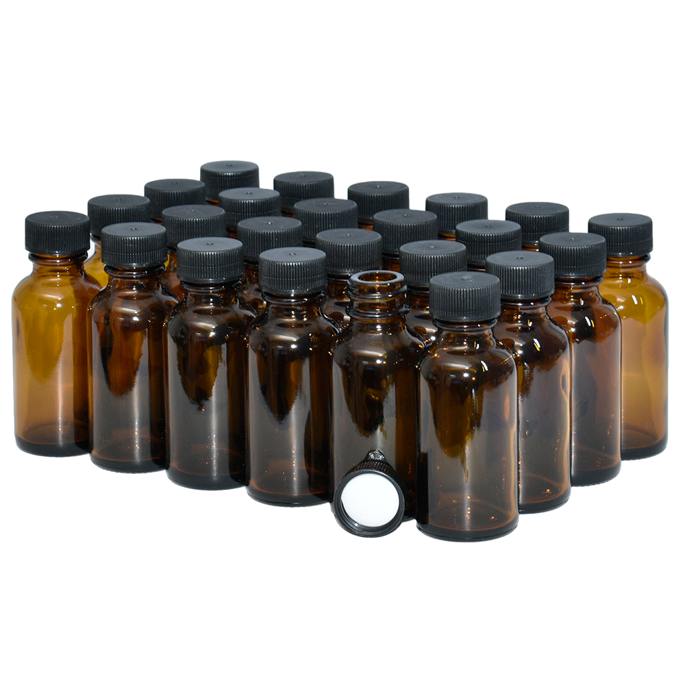 [ 12 Pack, 16 oz ] Glass Amber Bottles with Black Poly Cone Cap & 3  Stainless Steel Funnels & 12 Labels - 480ml Boston Round Sample Bottles,  Brown