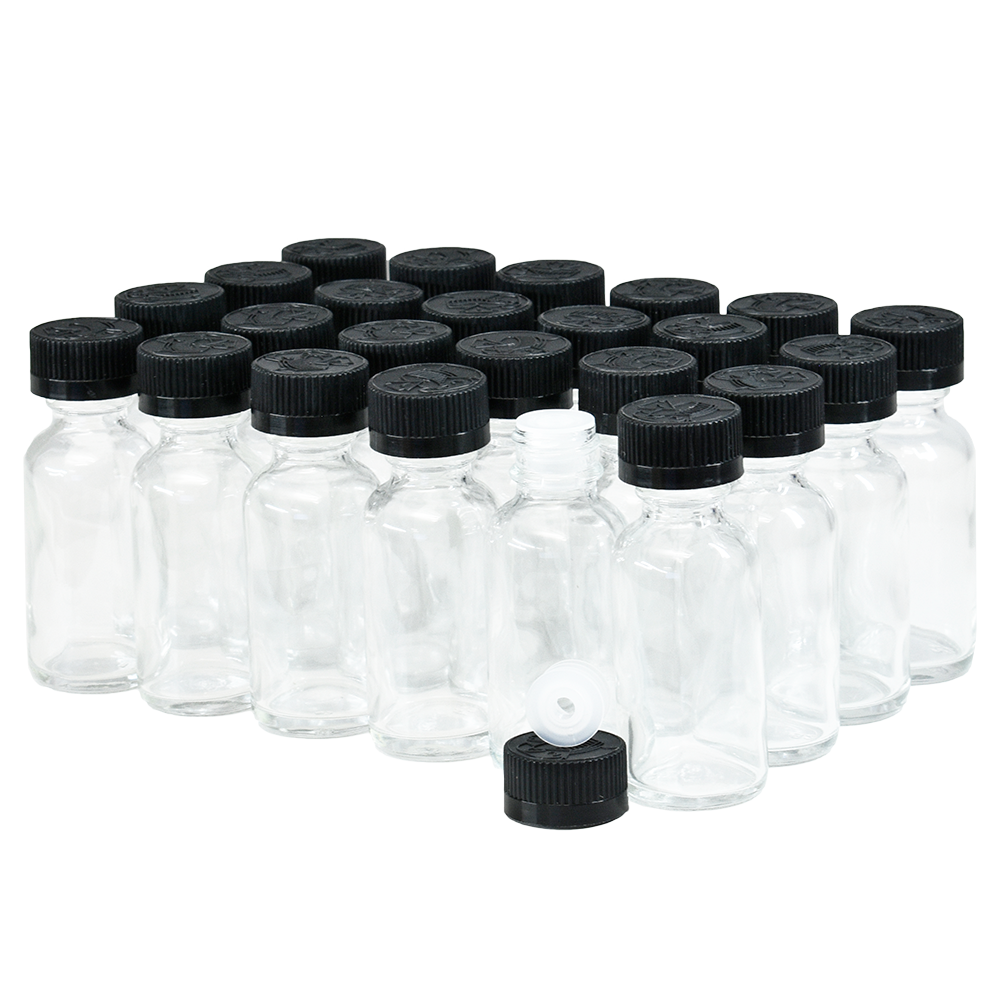 16 oz Clear Glass Boston Round Bottles (Black PP Cap) - 12/Case, Clear Type III 28-400