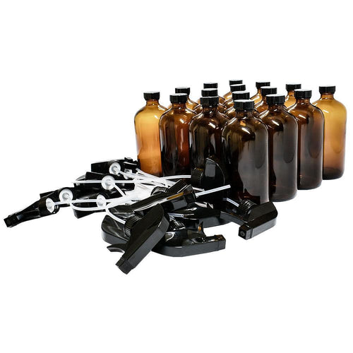 16 oz. Amber Boston Round with Black Poly Cone Caps and Black Trigger Sprayers (28/400) (V23) (V5) (V13)