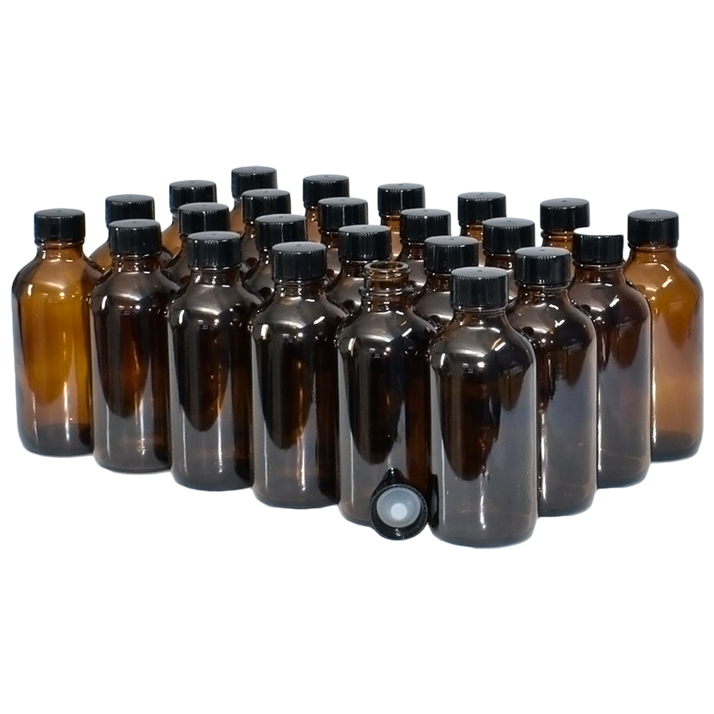 [ 12 Pack, 16 oz ] Glass Amber Bottles with Black Poly Cone Cap & 3  Stainless Steel Funnels & 12 Labels - 480ml Boston Round Sample Bottles,  Brown