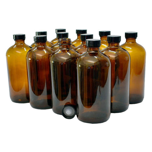 16oz Clear Glass Boston Round Bottles (Black Phenolic Cap) - 12/Case, Clear Type III 28-400