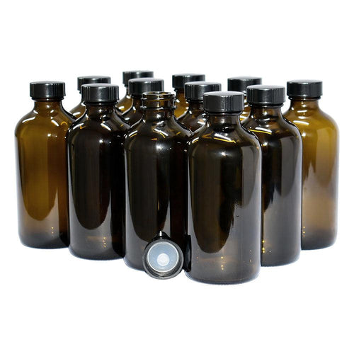 16 oz Clear Glass Boston Round Bottles (Black PP Cap) - 12/Case, Clear Type III 28-400