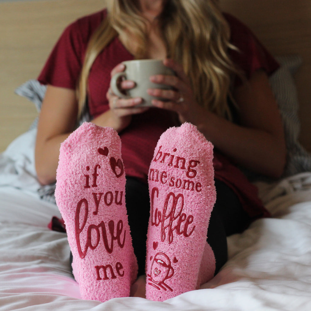 Lavley | Pink Fuzzy 'Bring Me Coffee' Socks | Women's Novelty Socks