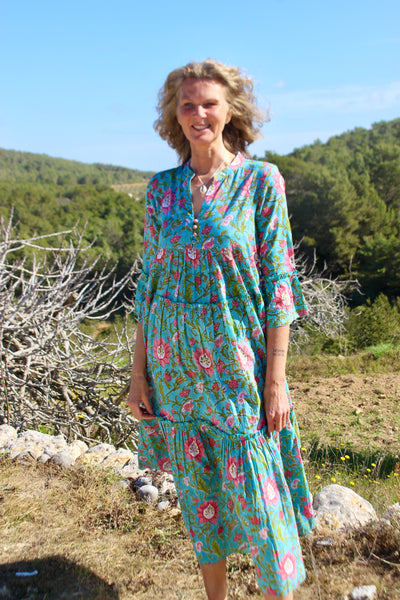 Geo dress long Hope turquoise cotton – AUROBELLE IBIZA