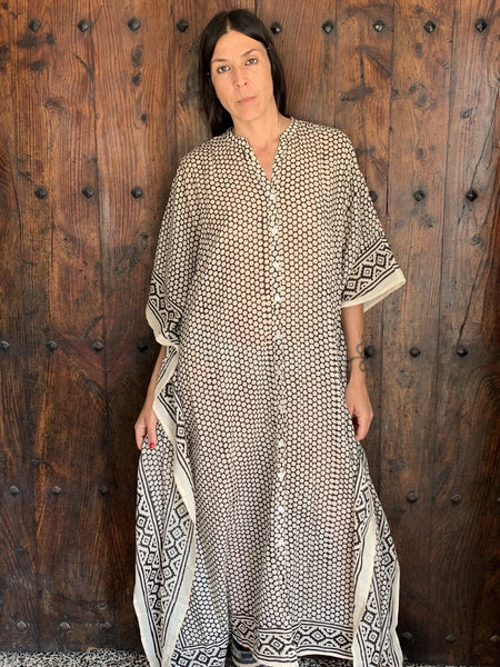 Maxi Free Size Kaftan In Modern Mixed Blockprint Aurobelle Ibiza