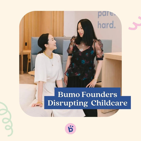 image of Bumo founders, with text reading, "Bumo Founders Disrupting Childcare"