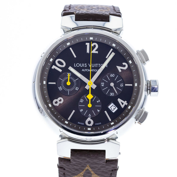 Pre-owned Louis Vuitton Tambour Chronograph Automatic Brown Dial Men's Watch Q1121, Automatic Movement, Stainless Steel Strap, 41 mm Case in Brown