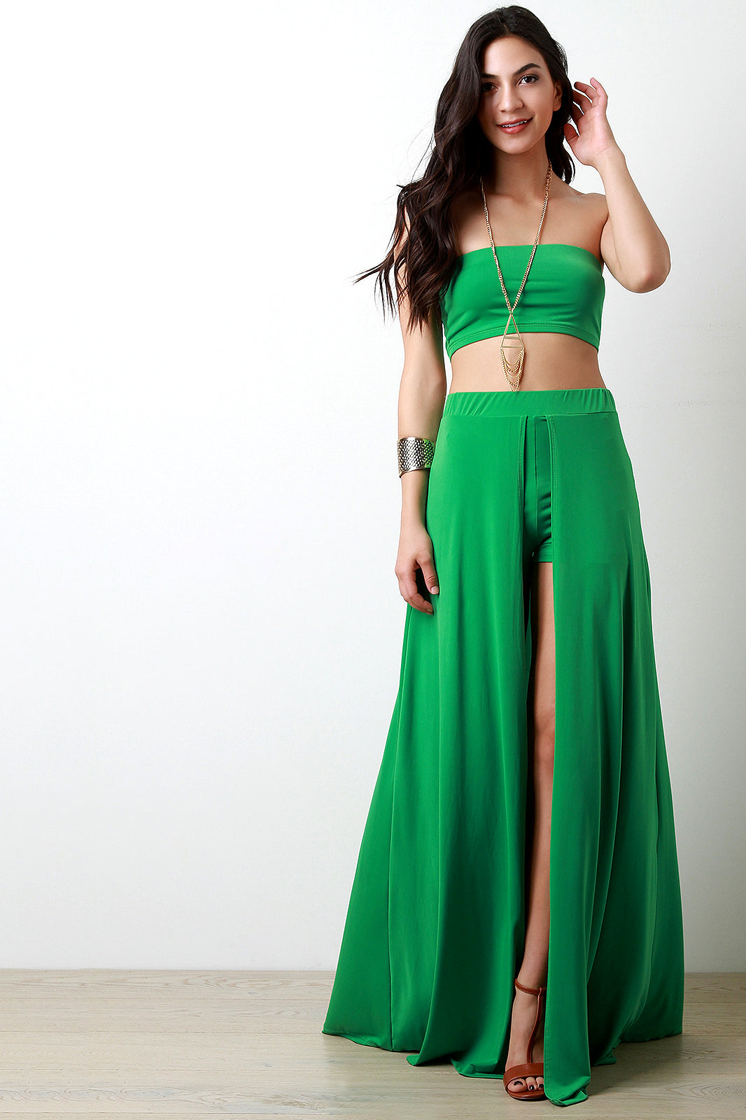Green Glitter Mesh Overlay Maxi Skirt & Bandeau Top Set – IRHAZ