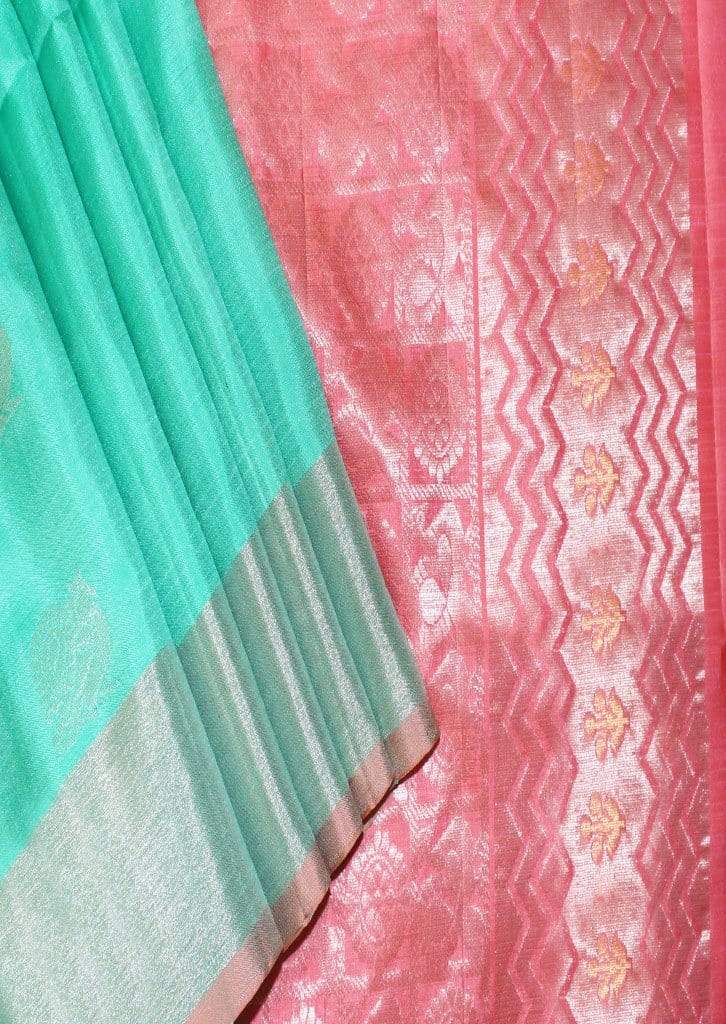 Aqua Green With Pink Mayuri Soft Silk Saree Fl87077