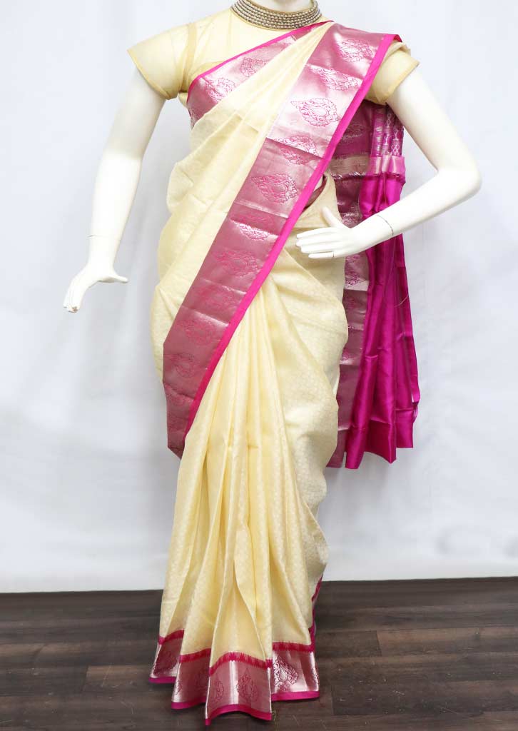 Half White With Pink Kanchipuram Silk Saree Fq