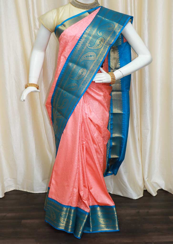 Pink With Sky Blue Semi Silk Saree Gf