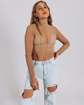 How High Mesh Bodysuit + Bralette - Beige