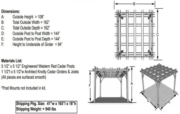 Outdoor Living Today - 12x12 Cedar Pergola with Retractable Canopy - Dimension