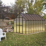 riverstone industries monticello black greenhouse fully assembled in a backyard