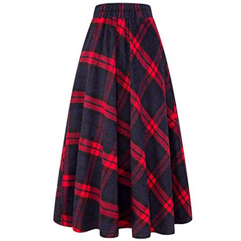 Womens Plaid Maxi Skirt A-line High Waist Winter Warm Flare Long Skirt ...