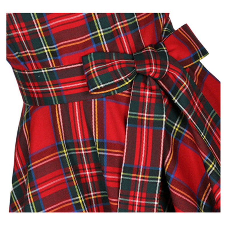 Women O Neck Red Tartan Checks Plaid Dress Retro Vintage 50s 60s Pin Up Rockabilly Swing Dresses With Sash Hepburn Robe Vestidos